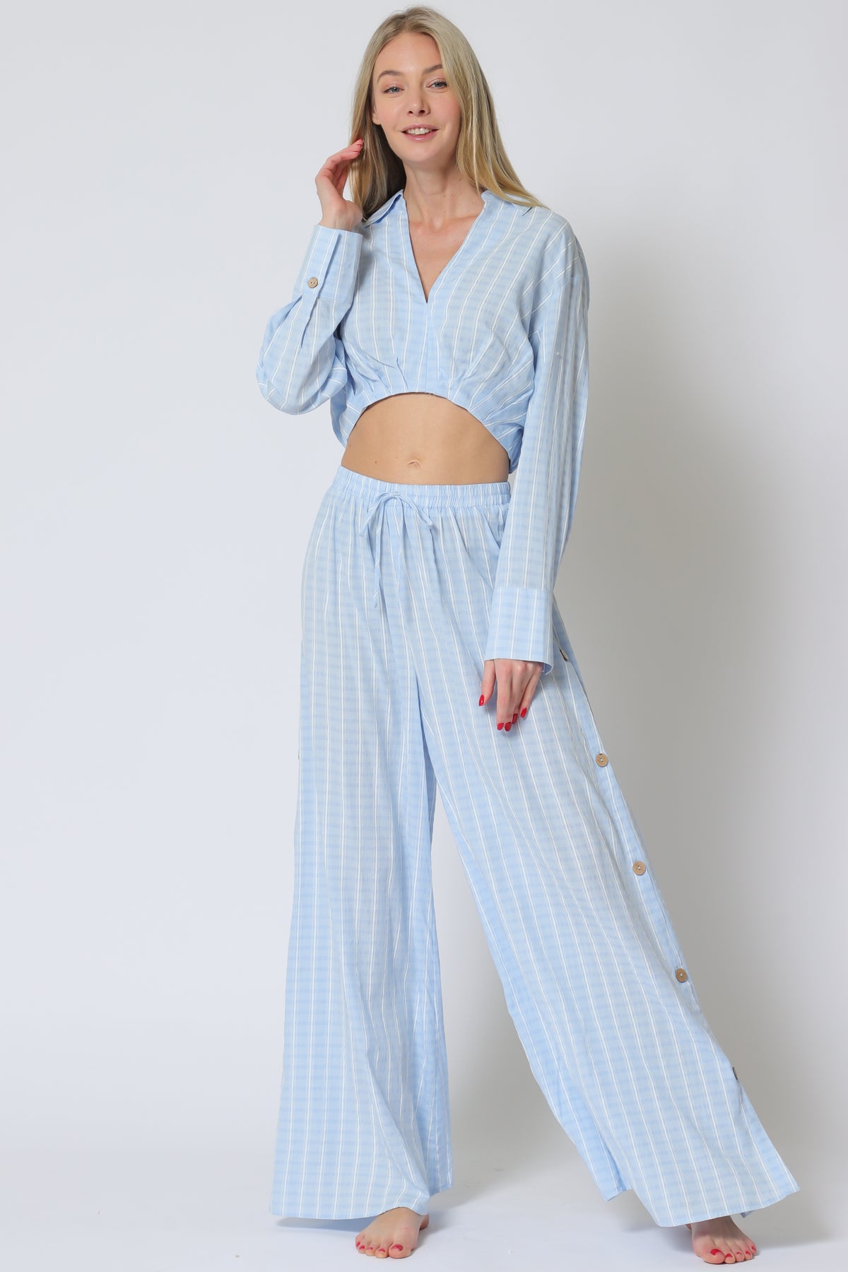 Light Blue Long Sleeve Crop Shirt & High-Waist Pants Set