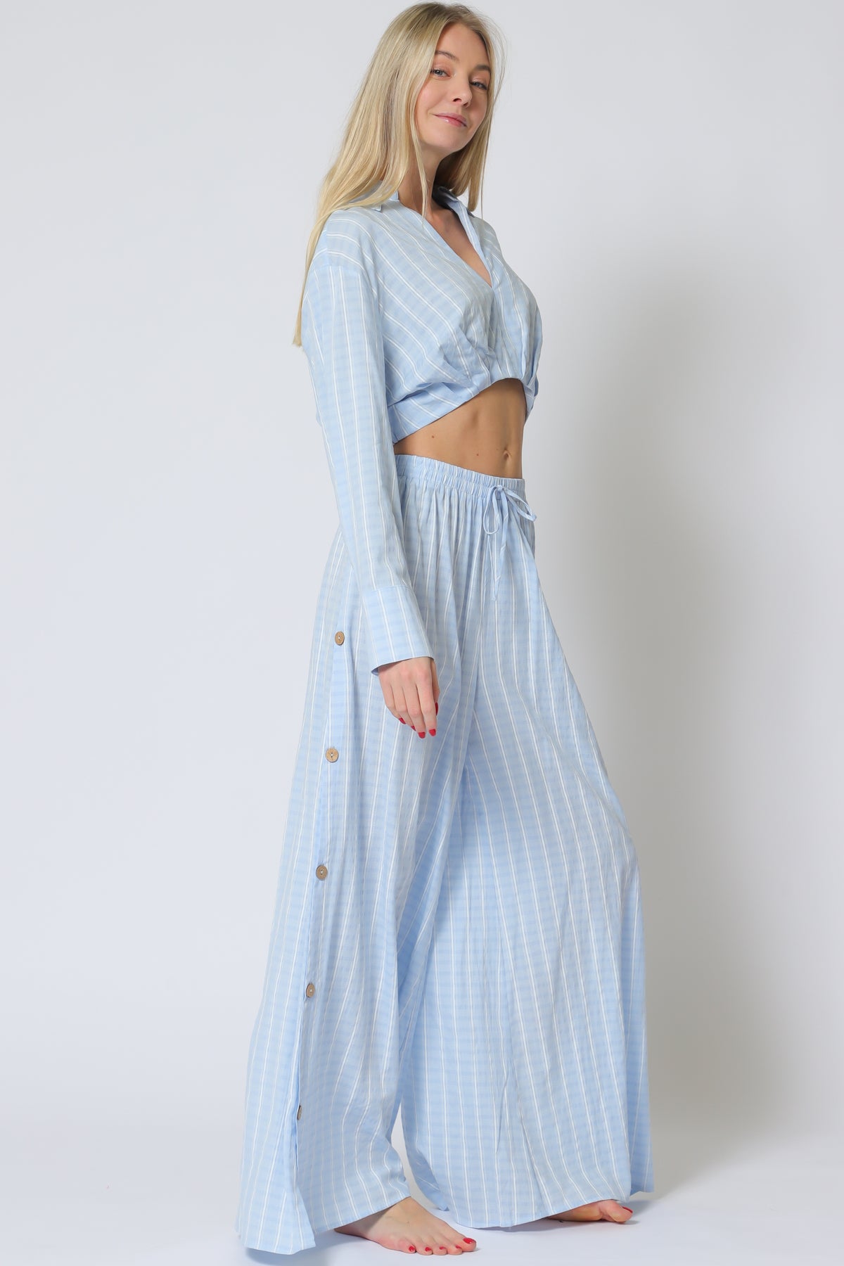 Light Blue Long Sleeve Crop Shirt & High-Waist Pants Set