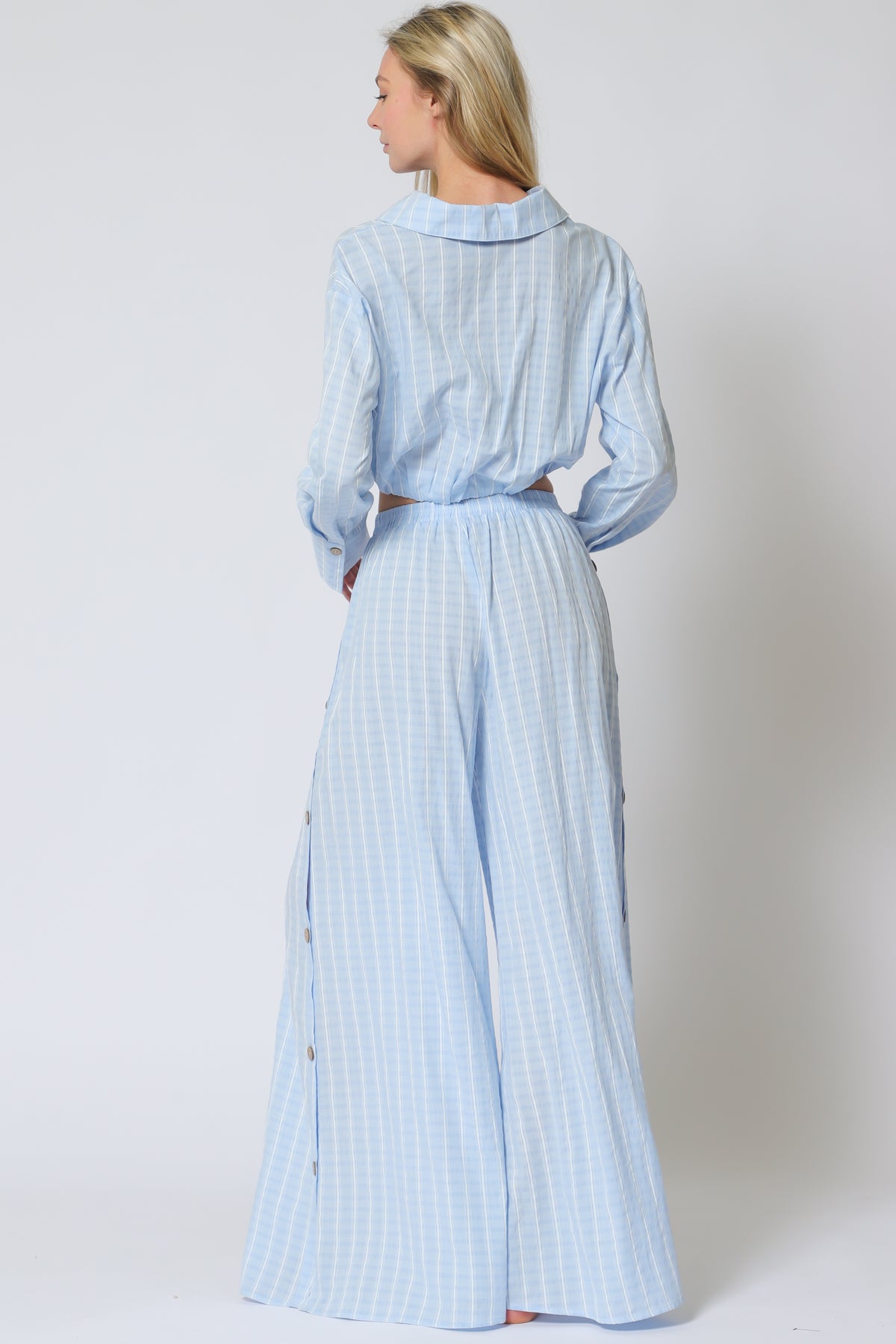Light Blue Long Sleeve Crop Shirt & High-Waist Pants Set