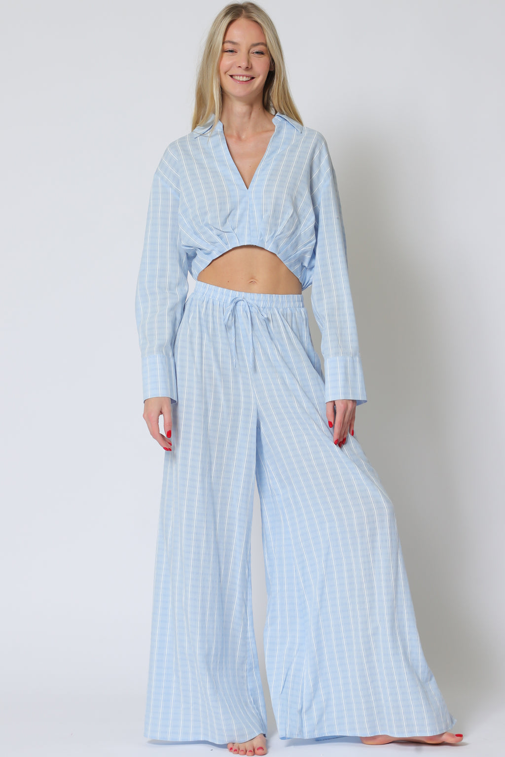 Light Blue Long Sleeve Crop Shirt & High-Waist Pants Set