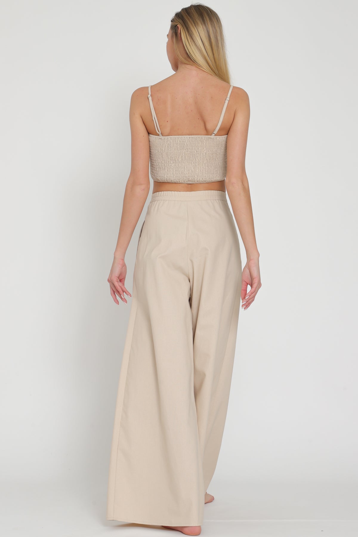 Beige Thin Ribbon Top and High-Waist Pants Set