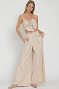 Beige Thin Ribbon Top and High-Waist Pants Set