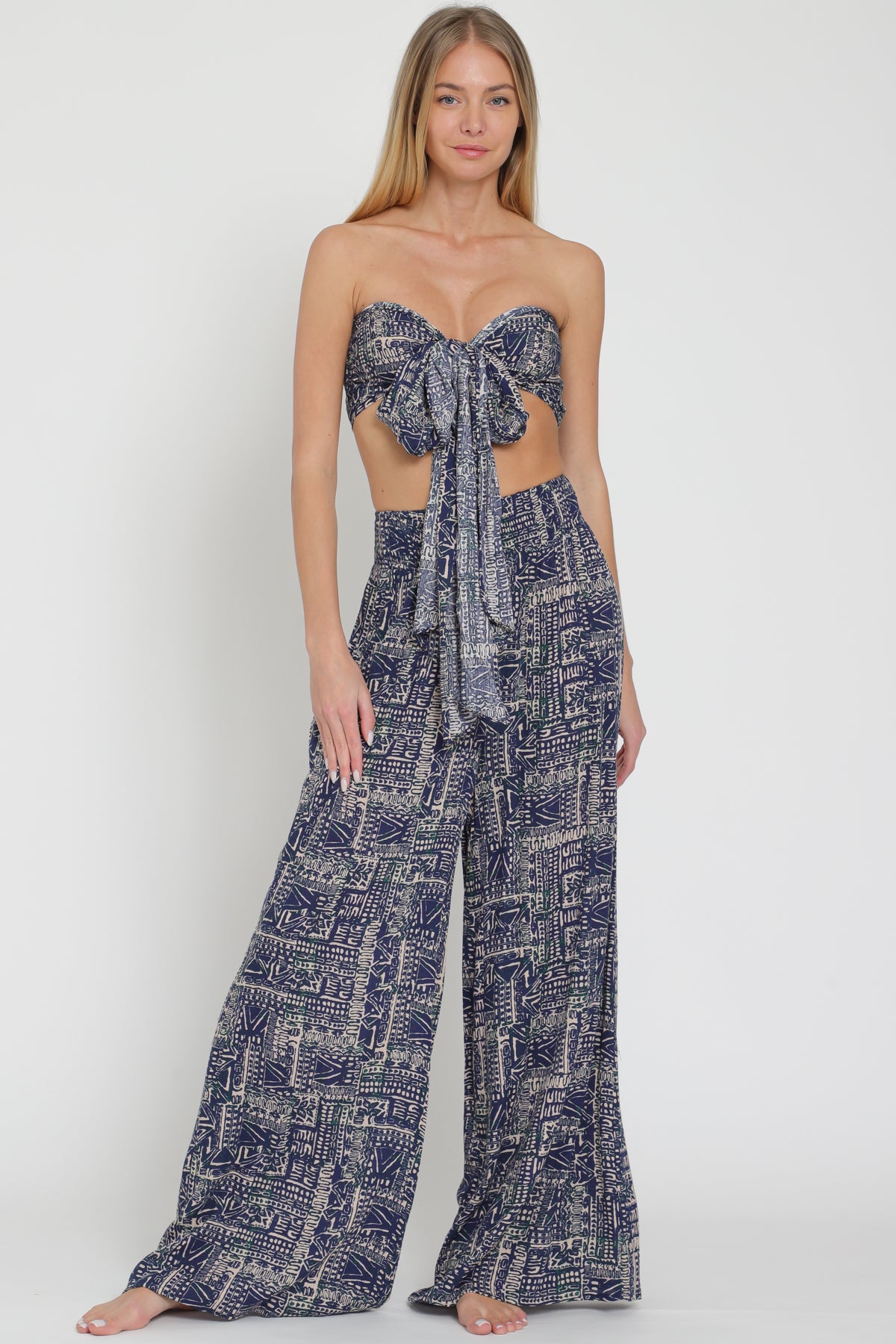 Navy Tie-Front Crop Top & Long Pants Set