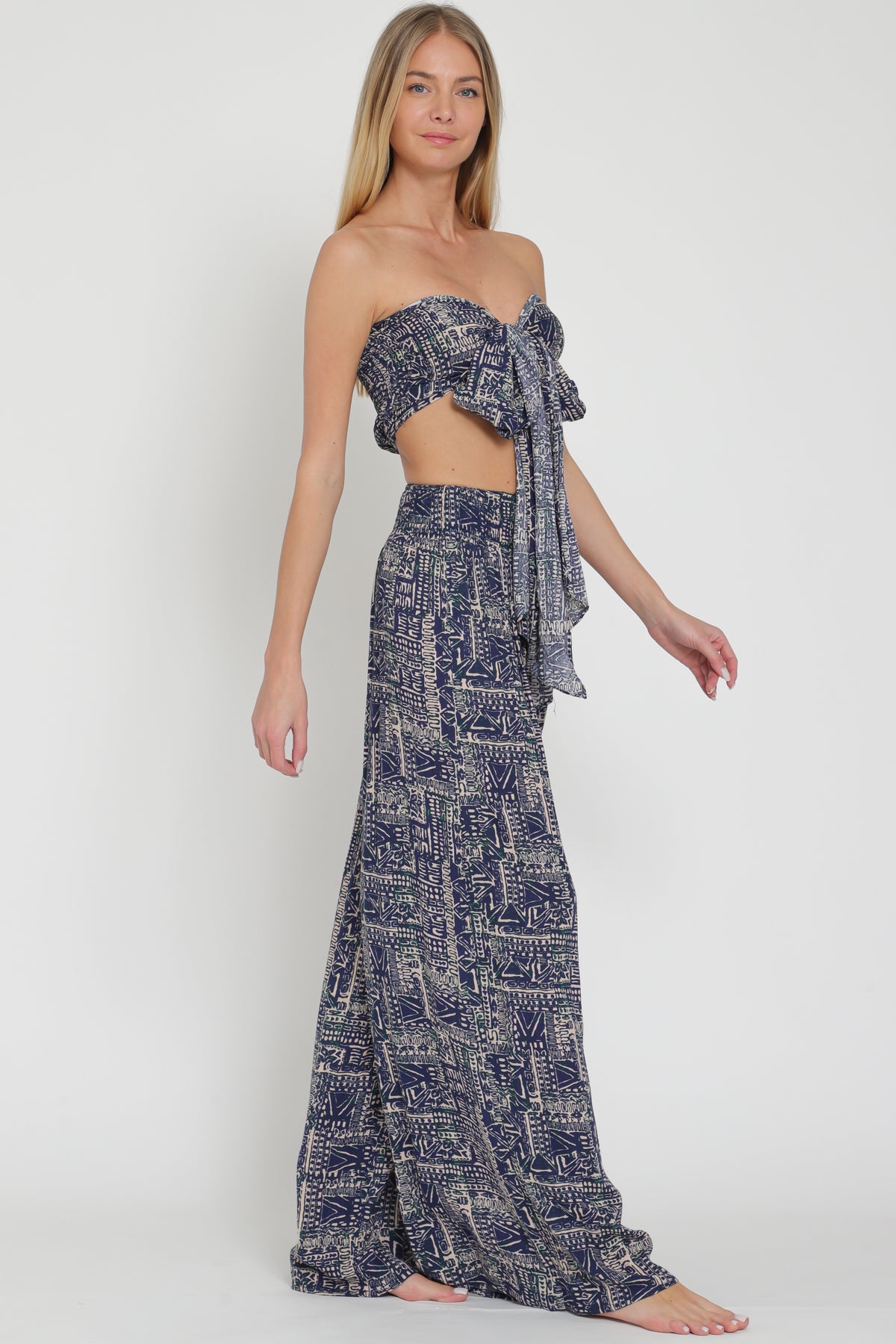Navy Tie-Front Crop Top & Long Pants Set