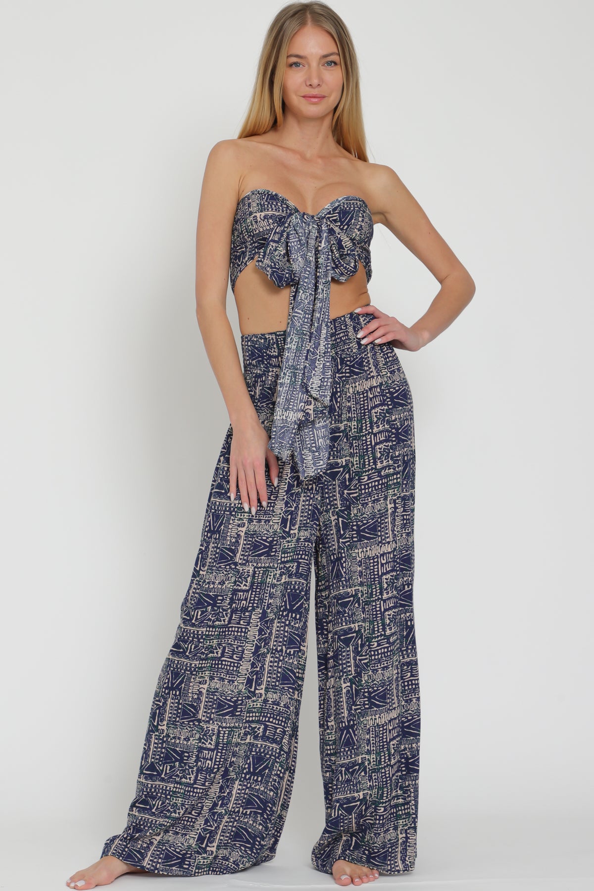 Navy Tie-Front Crop Top & Long Pants Set