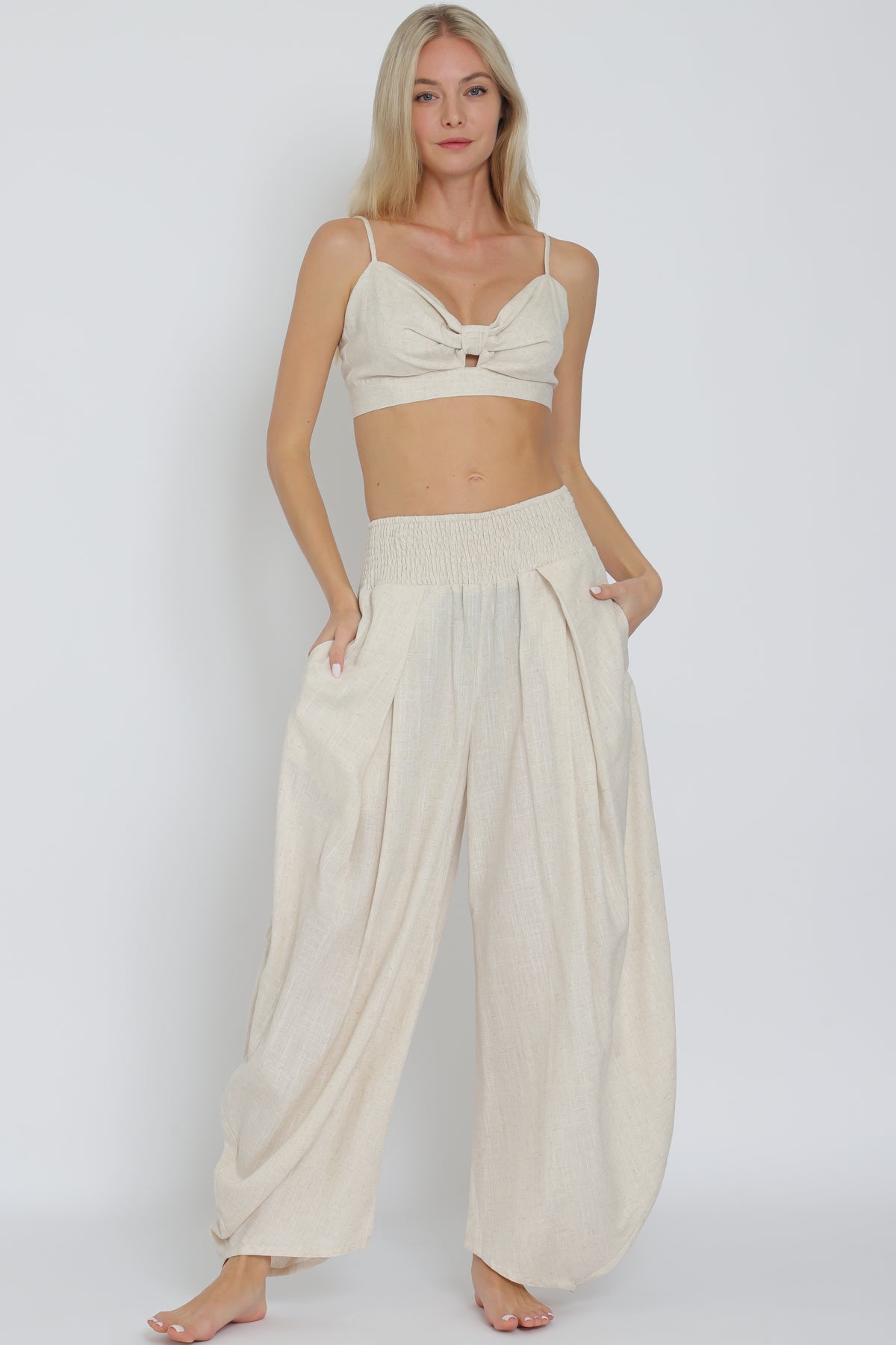 Oatmeal Bra Top & Smocked Waist Pants Set