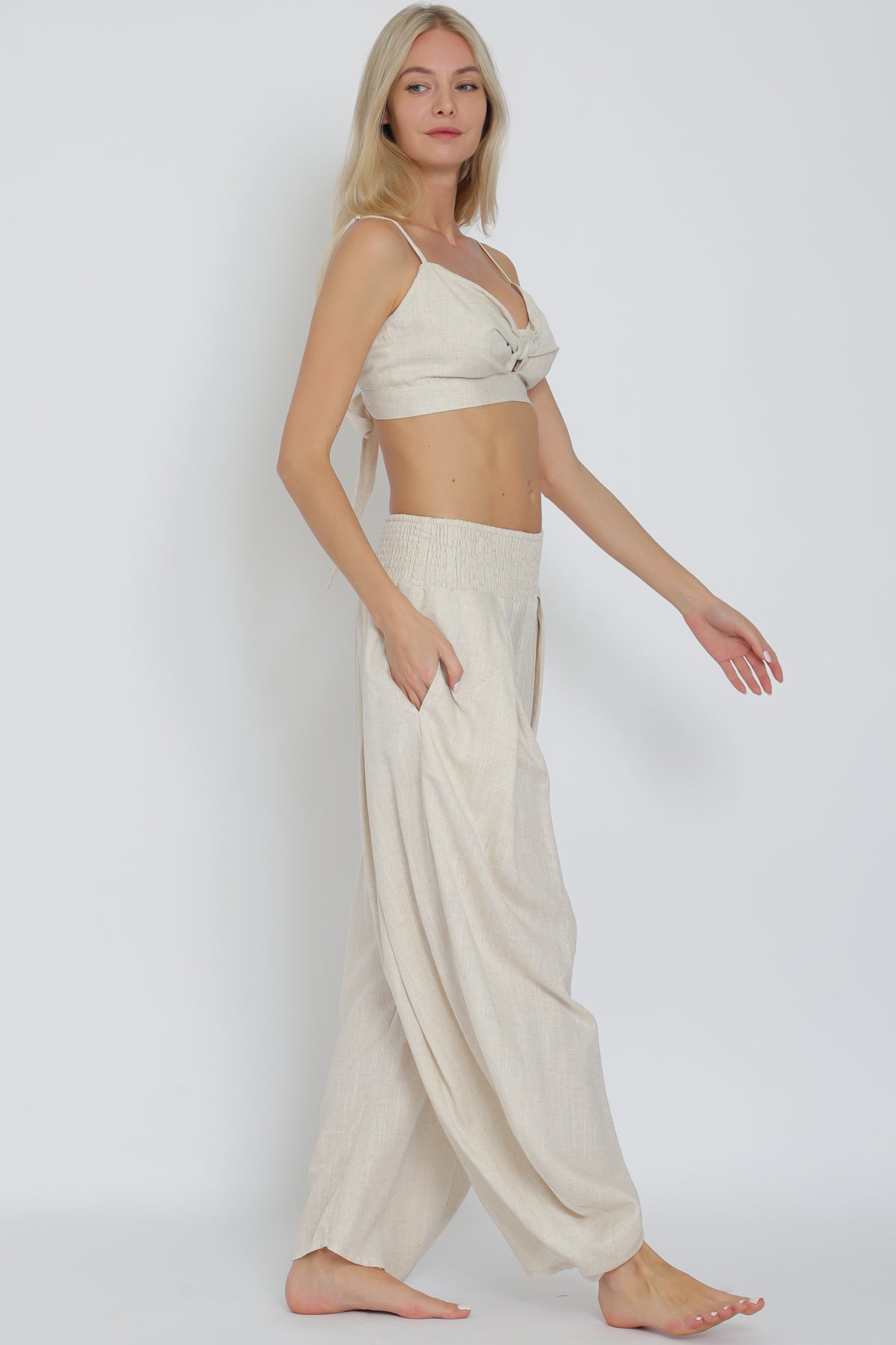 Oatmeal Bra Top & Smocked Waist Pants Set