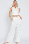 Off White Sleeveless Collar Top and High-Waist Pant Set