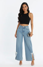 White Lace-Up Detail Denim Jeans