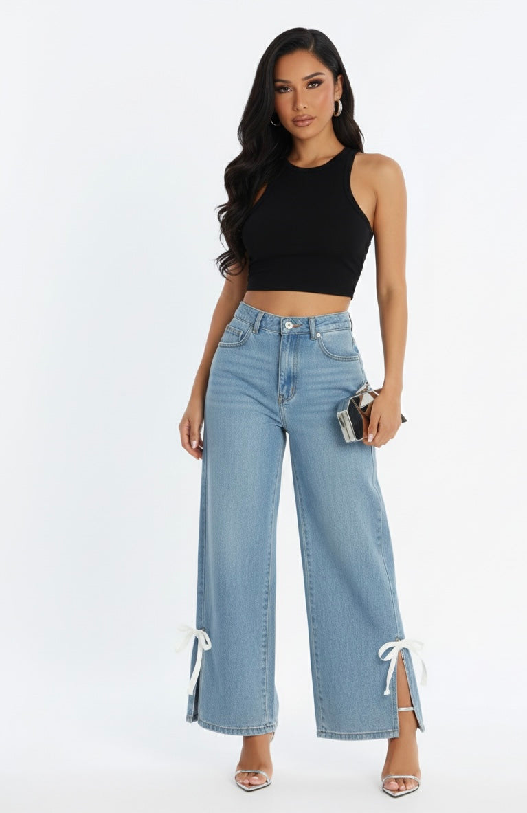 White Lace-Up Detail Denim Jeans