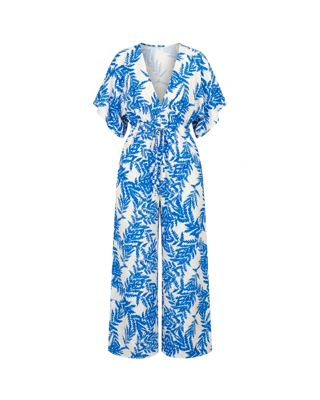 Blue Kimono-Sleeve Tie-Front Jumpsuit