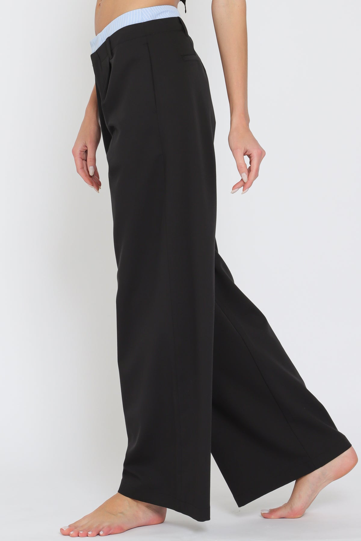 Black Contrast Waist Long Pants