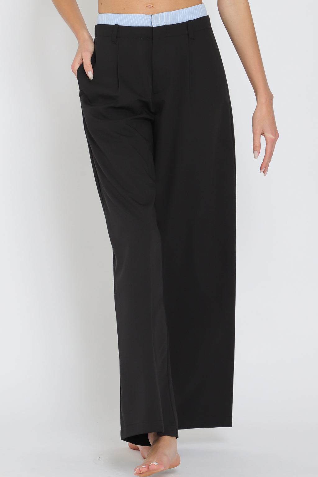 Black Contrast Waist Long Pants