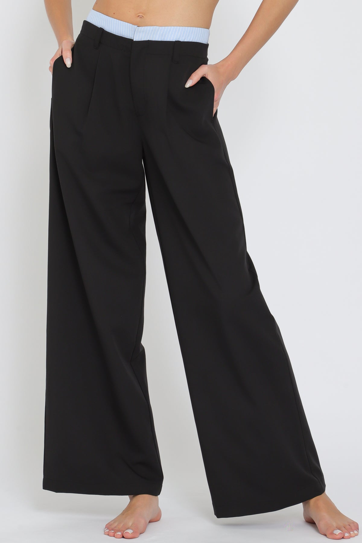 Black Contrast Waist Long Pants
