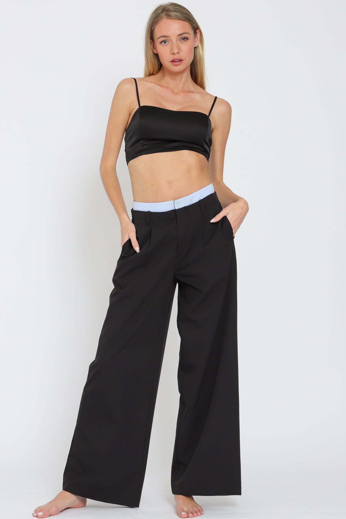 Black Contrast Waist Long Pants