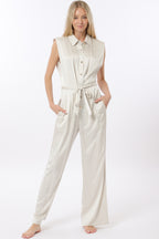 Ivory Shoulder Pad Button-Down Jumpsuit