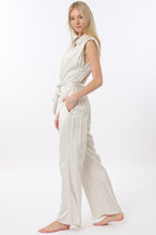 Ivory Shoulder Pad Button-Down Jumpsuit