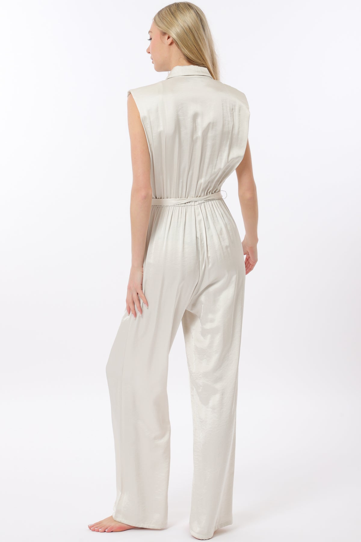 Ivory Shoulder Pad Button-Down Jumpsuit