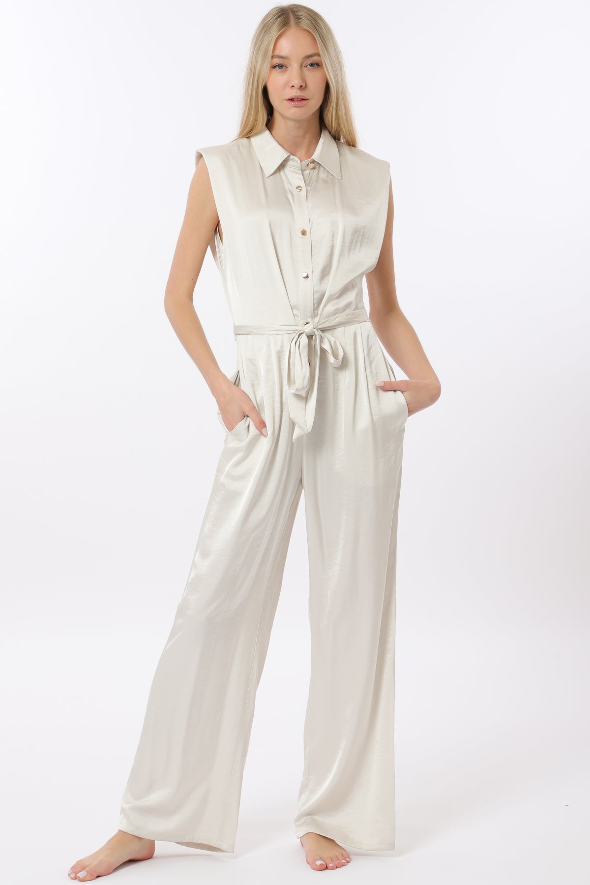 Ivory Shoulder Pad Button-Down Jumpsuit