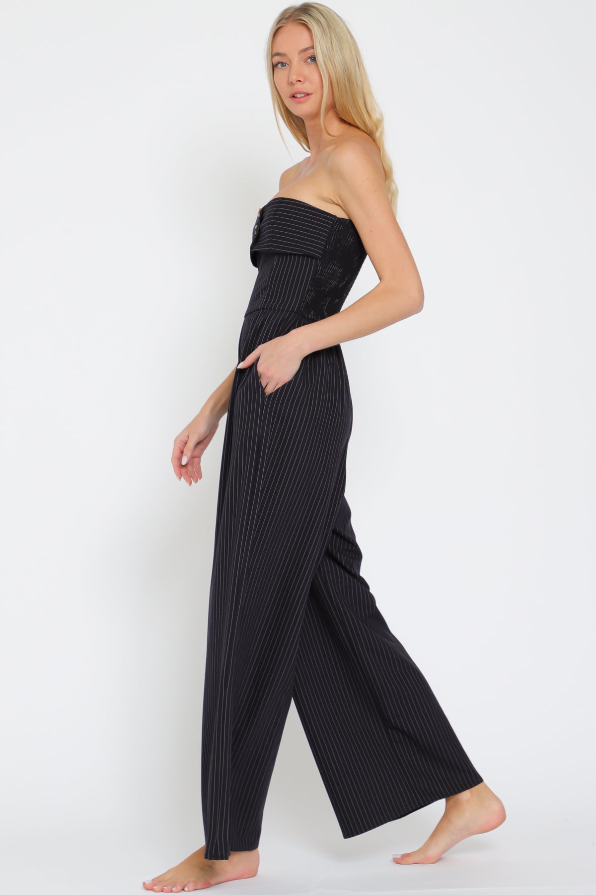 Black Smocked Stripe Jumpsuit