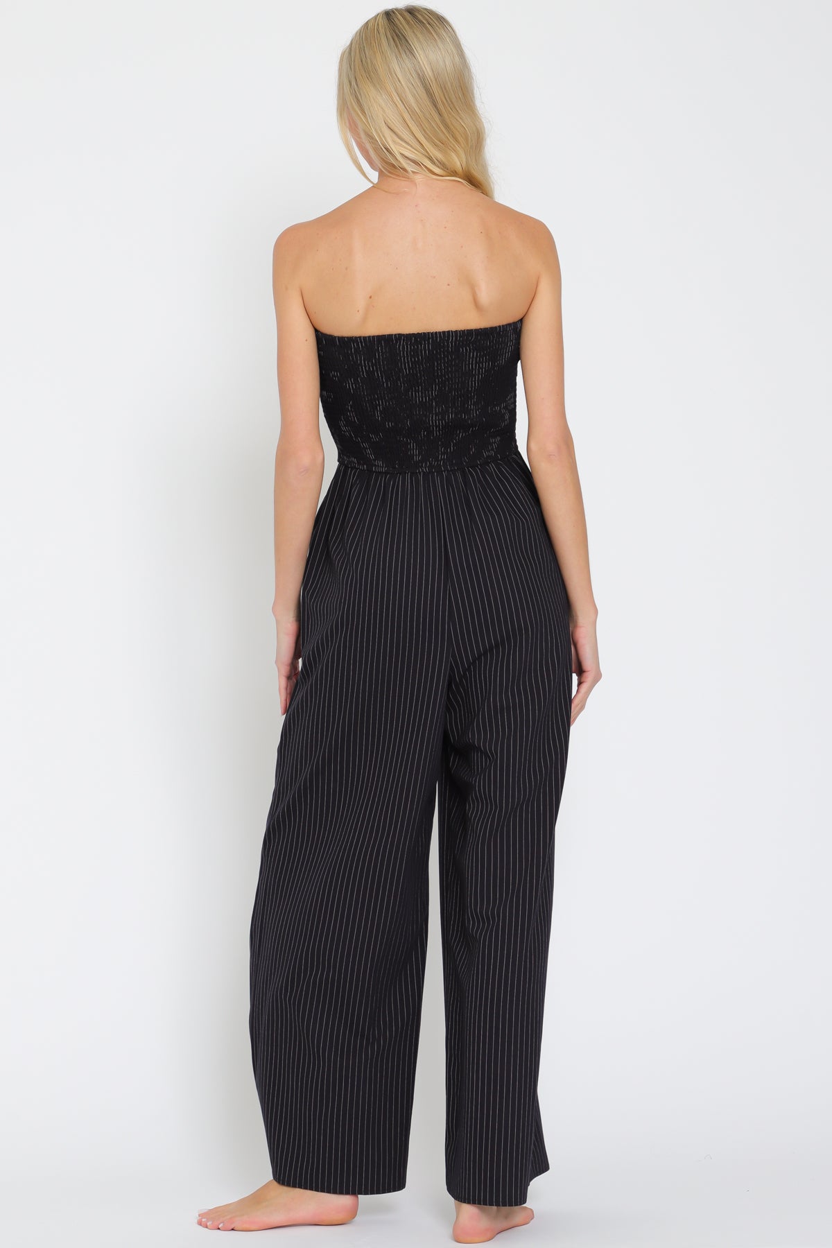 Black Smocked Stripe Jumpsuit