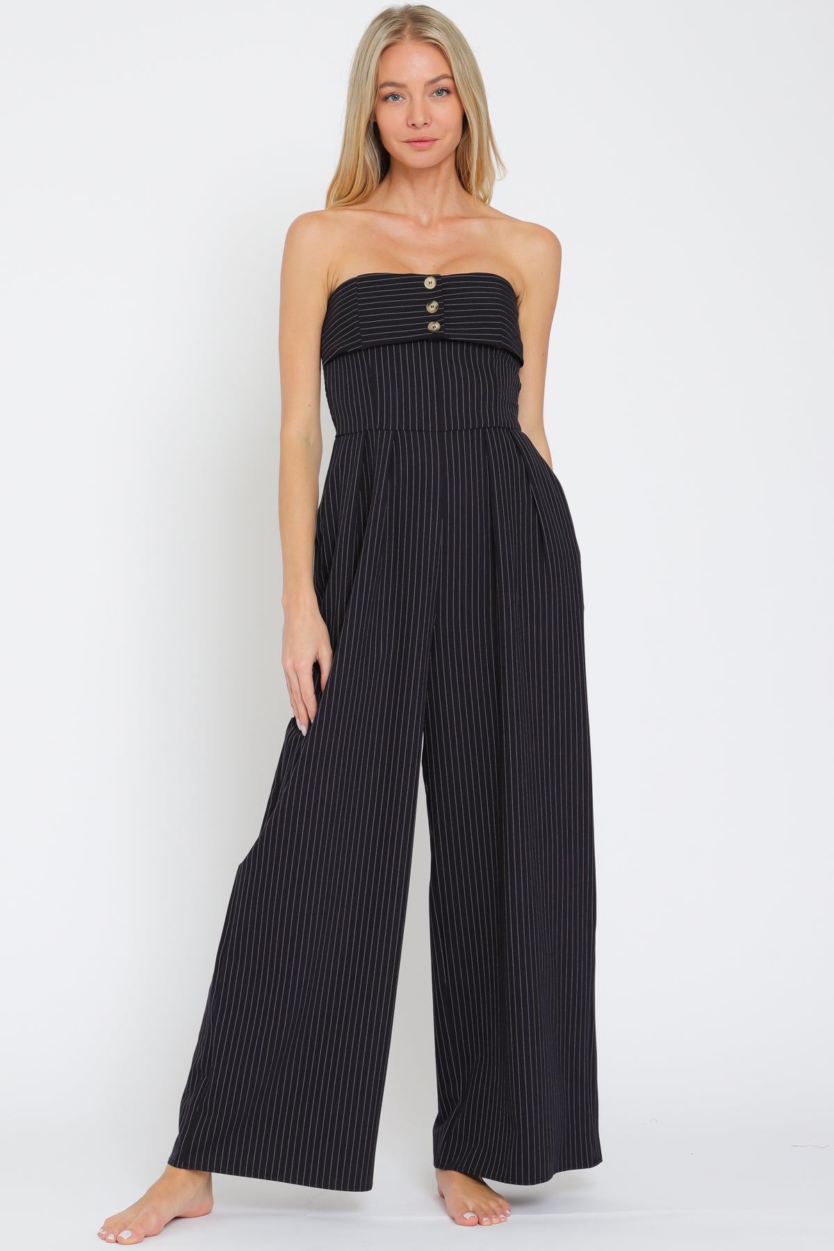Black Smocked Stripe Jumpsuit