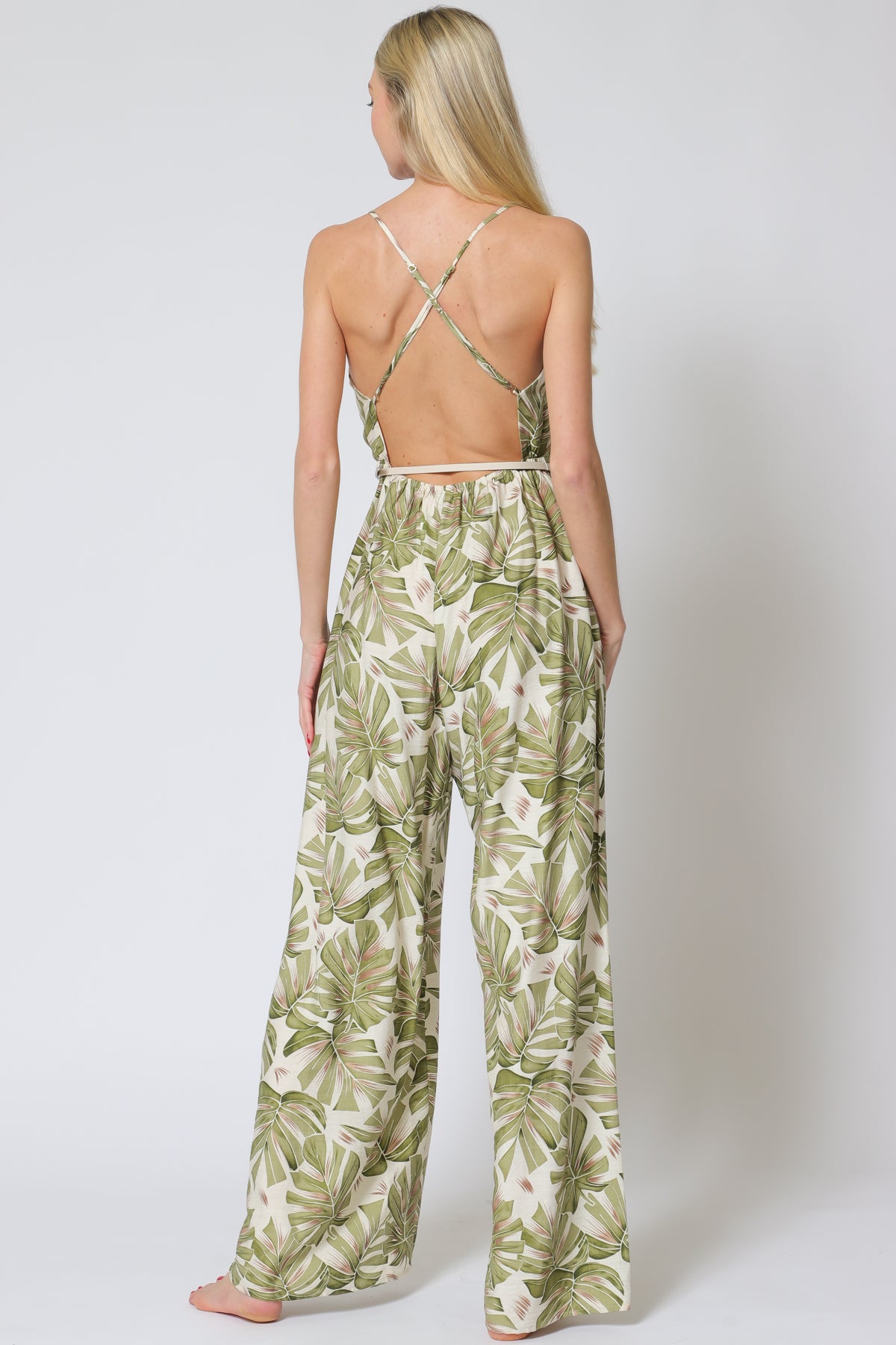 Olive Green Adjustable Strap Belted Jumpsuit