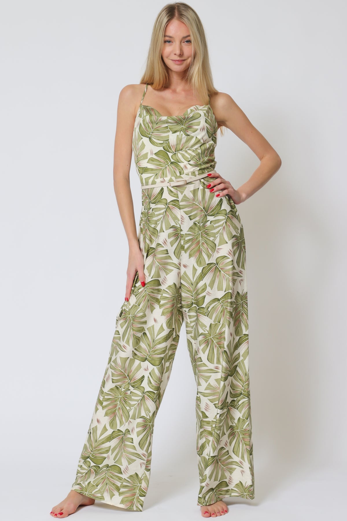Olive Green Adjustable Strap Belted Jumpsuit