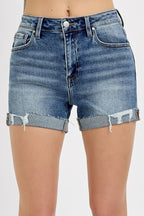 Medium Wash High Rise Ripped Shorts