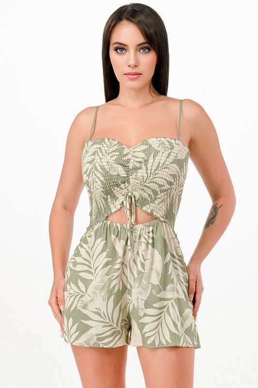 Smocked Leaf Print Romper